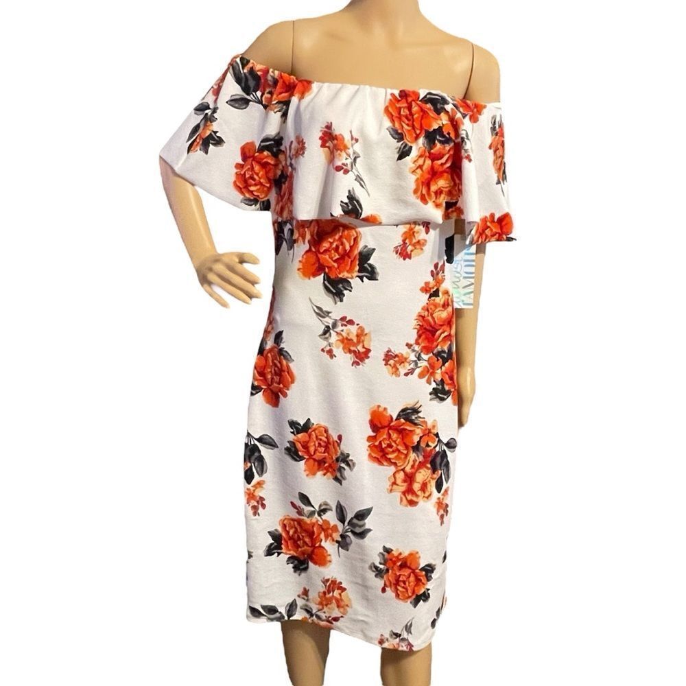 NWT Almost Famous Fitted Off The Shoulder Dress White Orange Gray Size X-Large